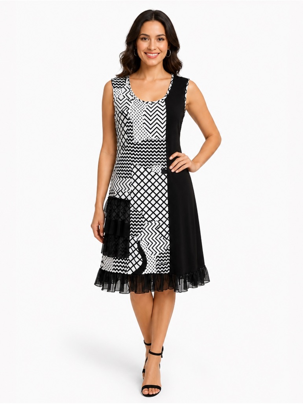 Sleeveless Black & White Patchwork Mini Dress with Ruffle Trim XS